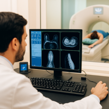 A radiologist reviews breast MRI scans on a computer monitor while a female patient undergoes an MRI procedure in the adjacent room. The patient is lying face down with her arms extended overhead, positioned feet-first into the MRI machine.